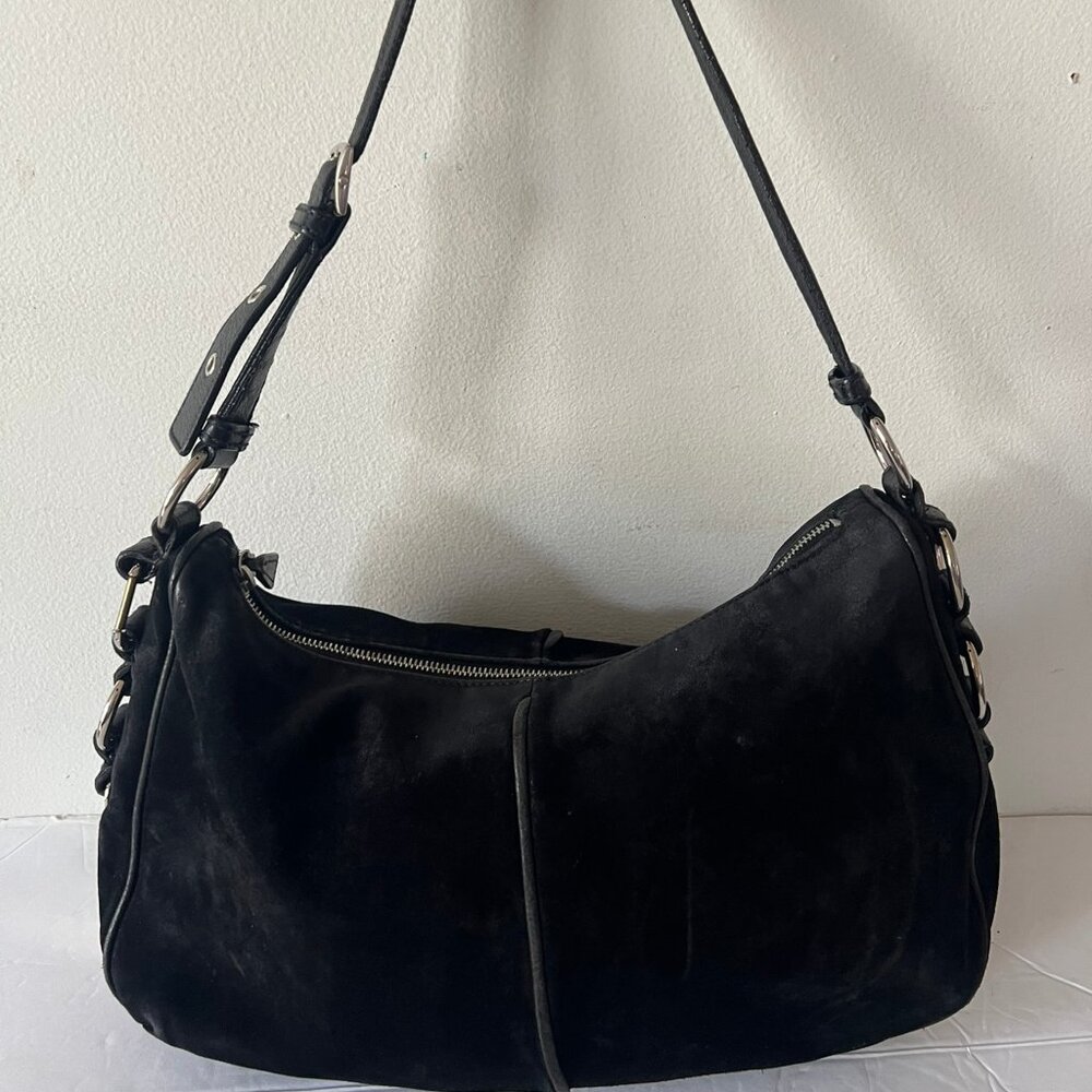 SERGIO ROSSI SUEDE SILVER METAL HARDWARE SHOULDER BAG